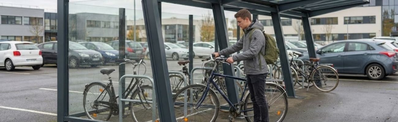 personne qui range son vélo dans un parking d'entreprise
