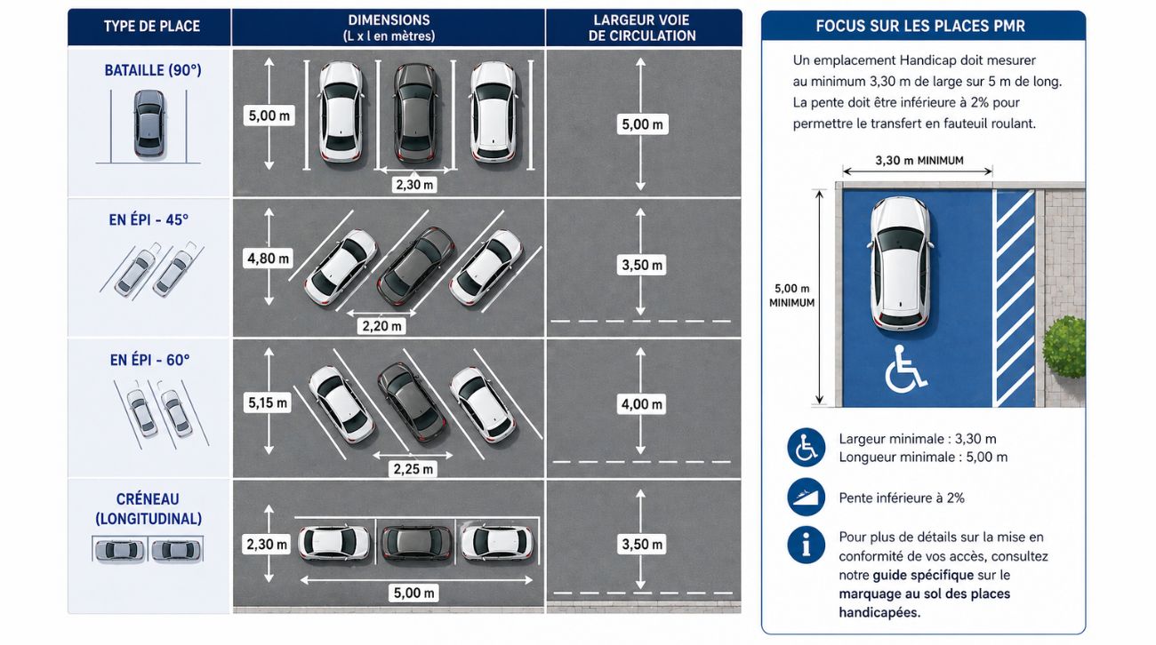 infographie des normes du marquage au sol sur un parking