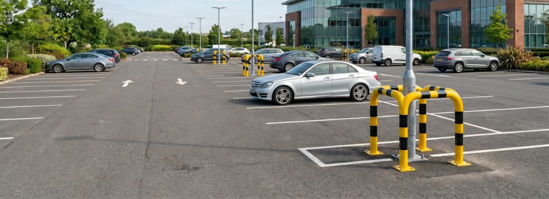 parking avec protections jaune et noire des lampadaires